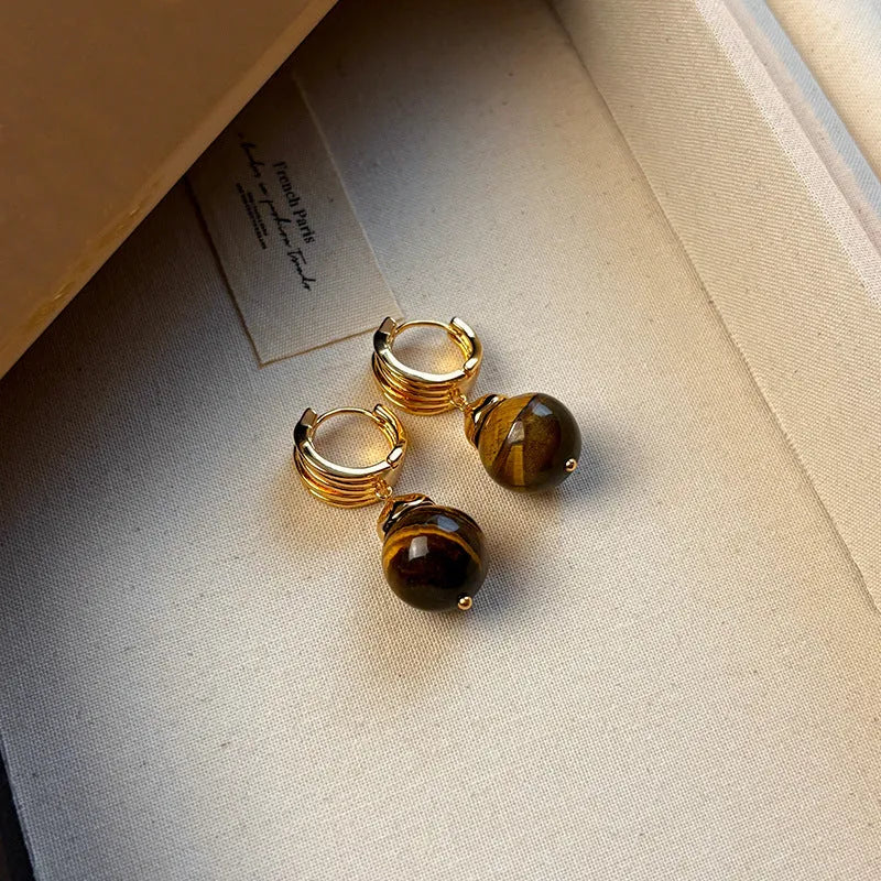 Gold plated tiger's eye geometric earrings in French retro style