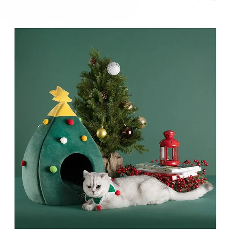 Red Christmas plush cave pet bed for cats and dogs with a washable cover in three sizes.