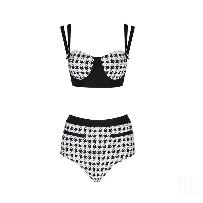 Black houndstooth push-up bandage bikini set with triangle top and split-leg bottom