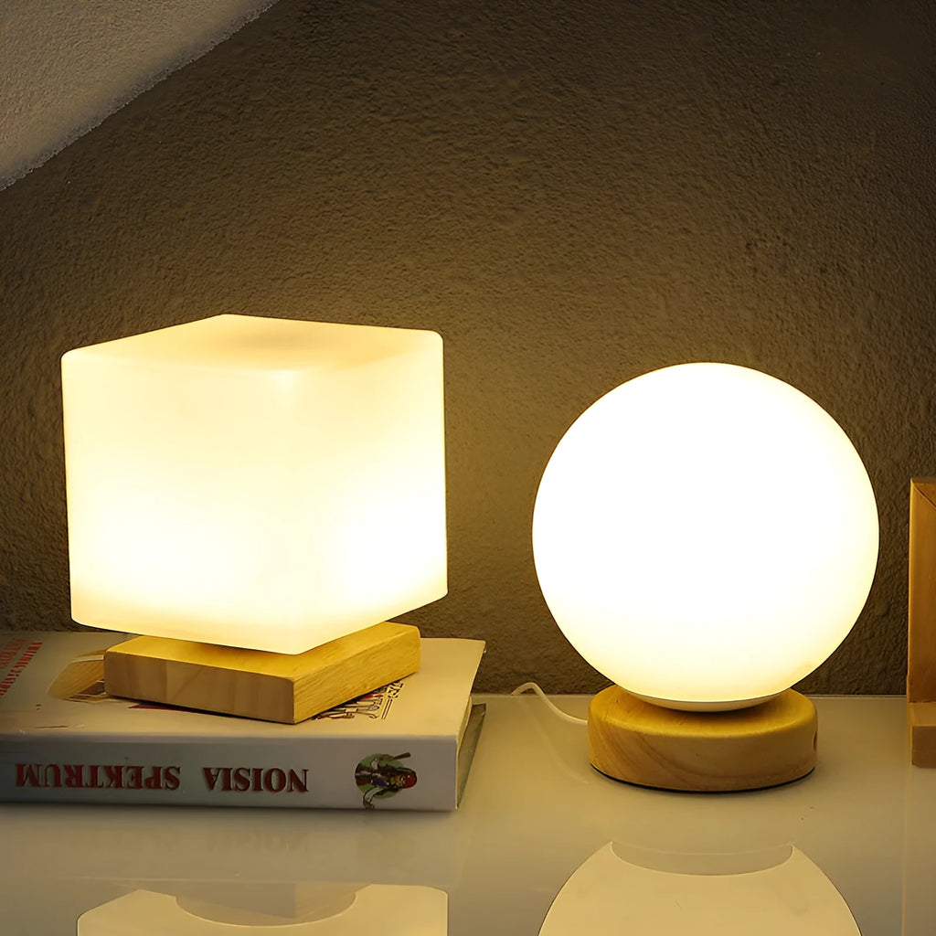 Nordic solid wood flower-shaped USB table lamp with touch dimming control on a desk.