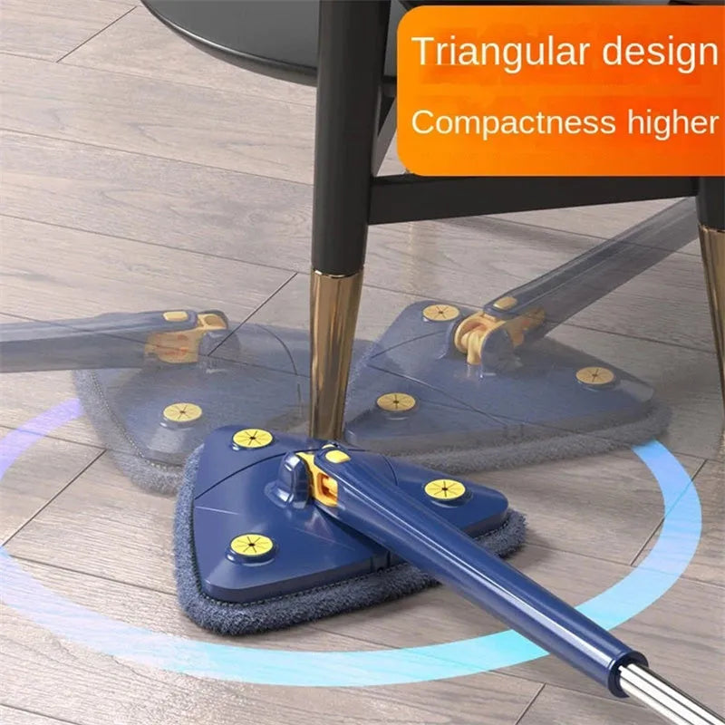 Blue extendable triangle cleaning mop with rotating head and stainless steel pole on a tiled floor.