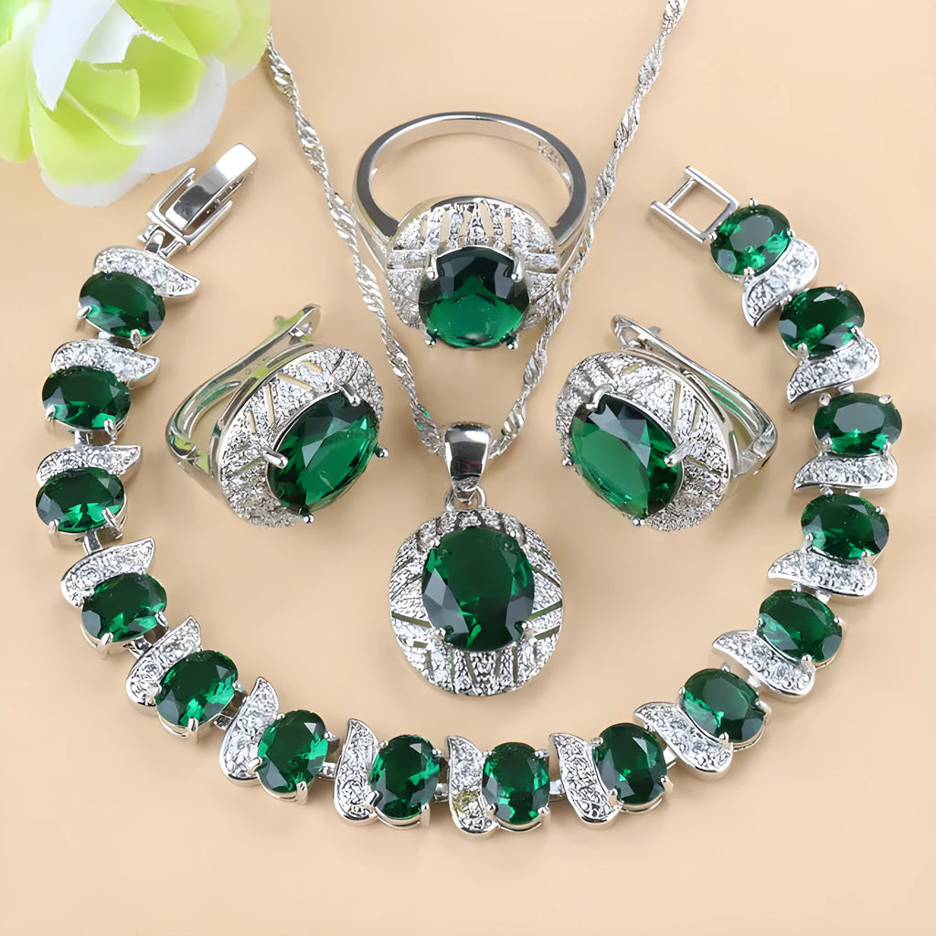 Mixed gem-inlaid copper jewellery set including pendant necklace, earrings, ring, and bracelet in green colour