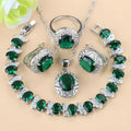 Mixed gem-inlaid copper jewellery set including pendant necklace, earrings, ring, and bracelet in green colour