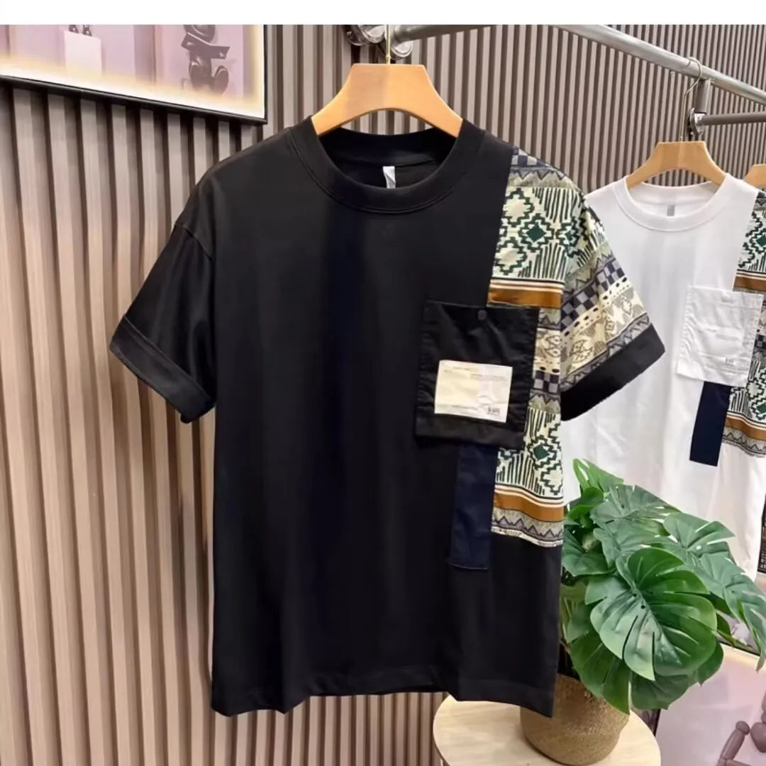 Men's camouflage slim fit polyester pullover T-shirt in black, front view, for summer daily wear.
