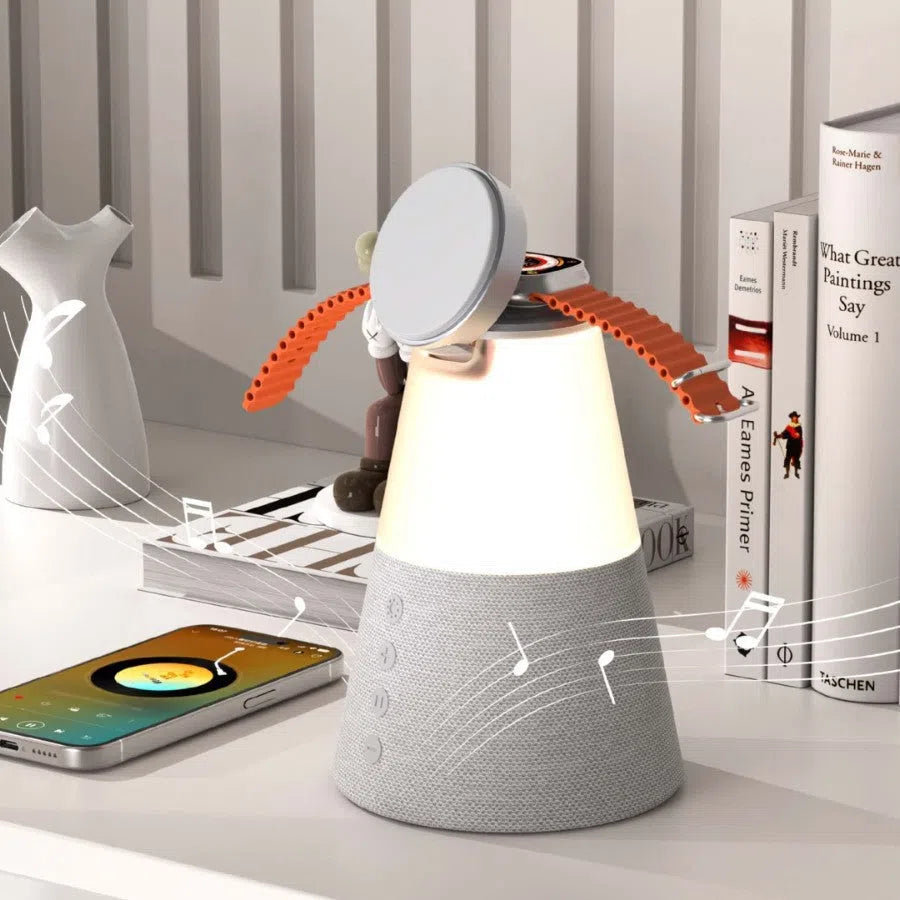 3-in-1 Magnetic Wireless Charging Bluetooth Speaker Night Light in gray finish showing device on a desk