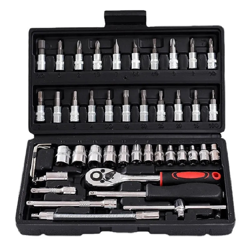 Chromium vanadium steel socket ratchet wrench set in open case showing sockets and ratchet handle