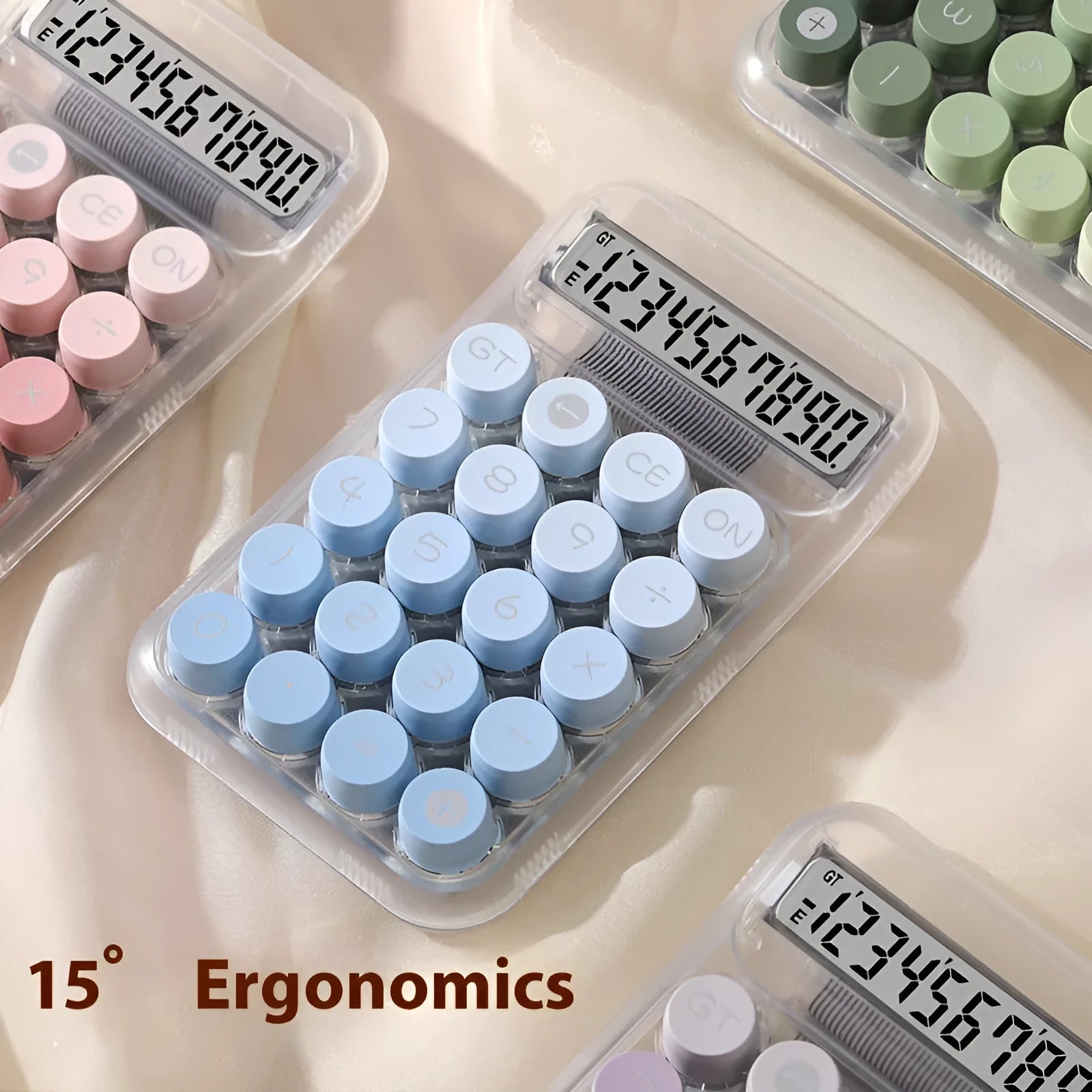 Keyboard-style gradient colour calculator in mute blue, green, pink, or purple on a desk.