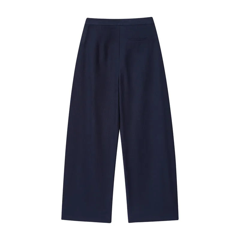 Women's linen-blend two-piece clothing set with a flounce-sleeve top and wide-leg trousers.