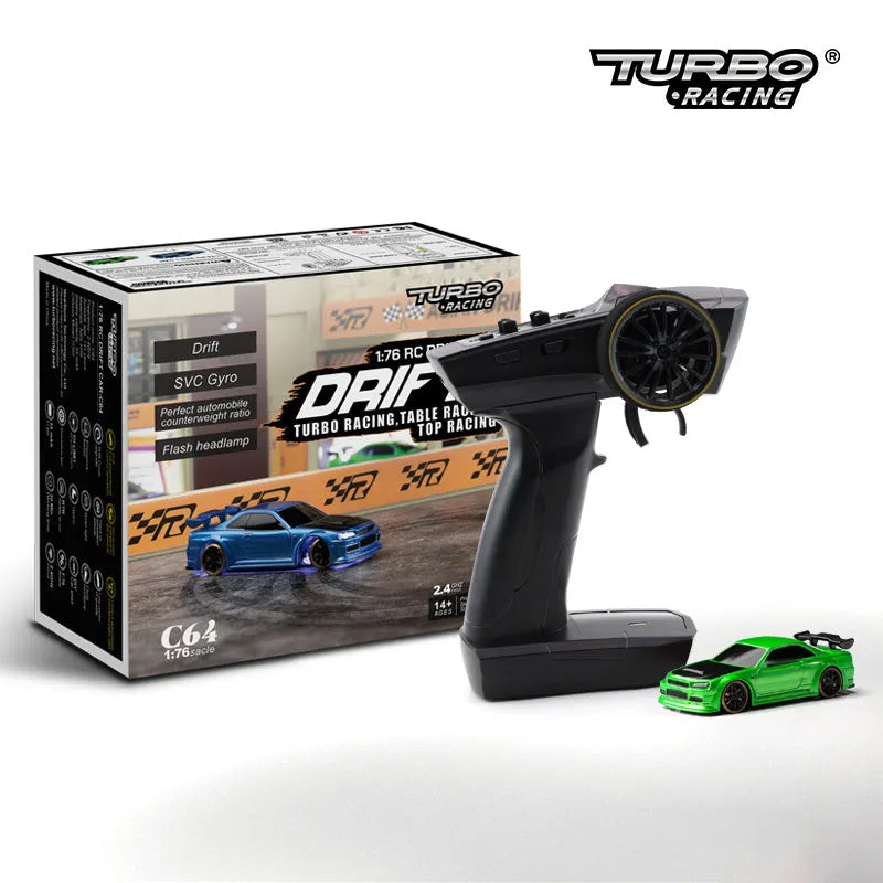 Turbo Racing C64 1:76 scale blue remote control drift car with handle transmitter