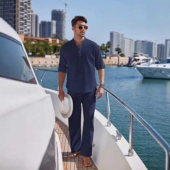 Men's cotton casual suit with long sleeves and trousers in solid colours for spring and autumn leisure wear