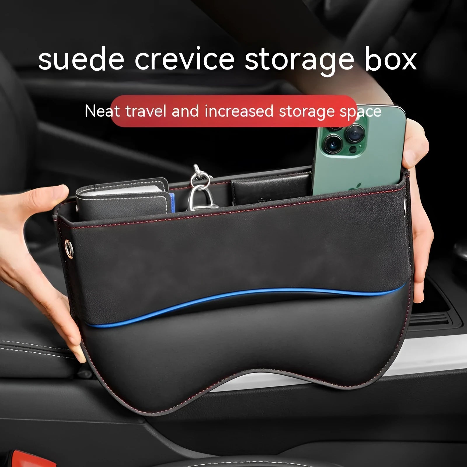Leather car seat storage box with suede finish in beige, black, brown, green, or red.
