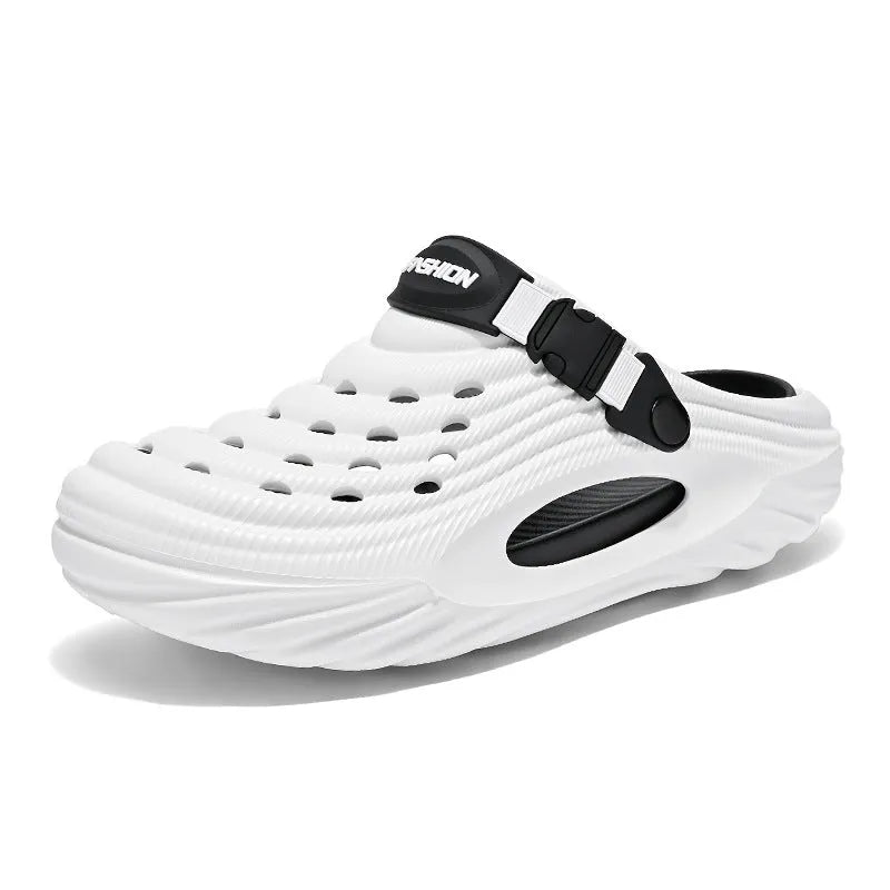 Men's EVA platform slippers in light green with hollow-out design shown from side