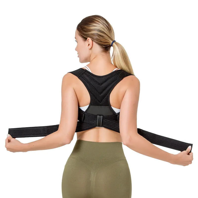Black anti-humpback posture correction belt for back and shoulder support during sports.