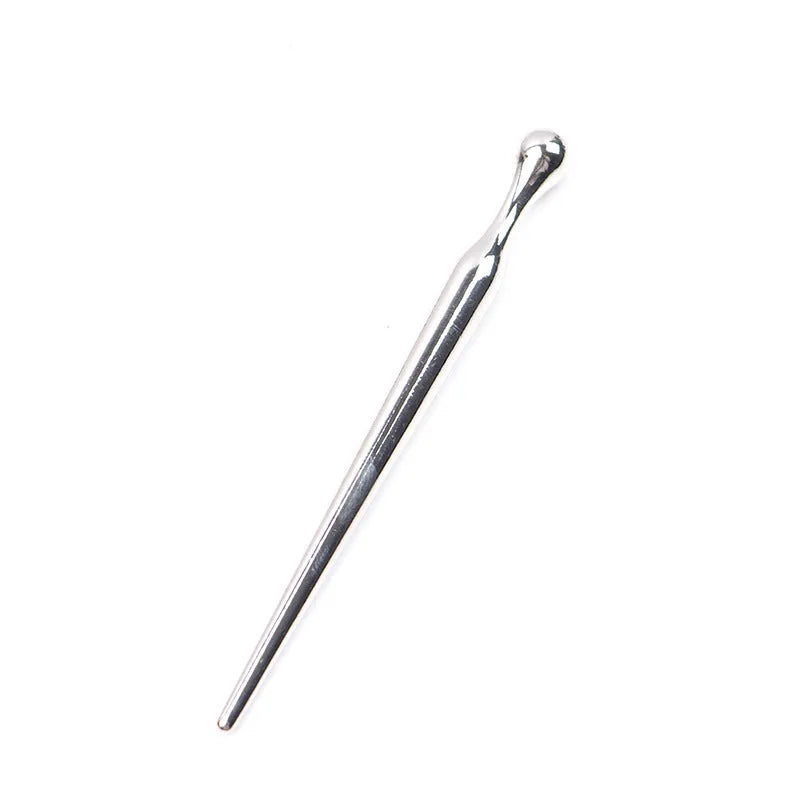 Silver metal urethral plug with round beads and horse eye tip for adult stimulation