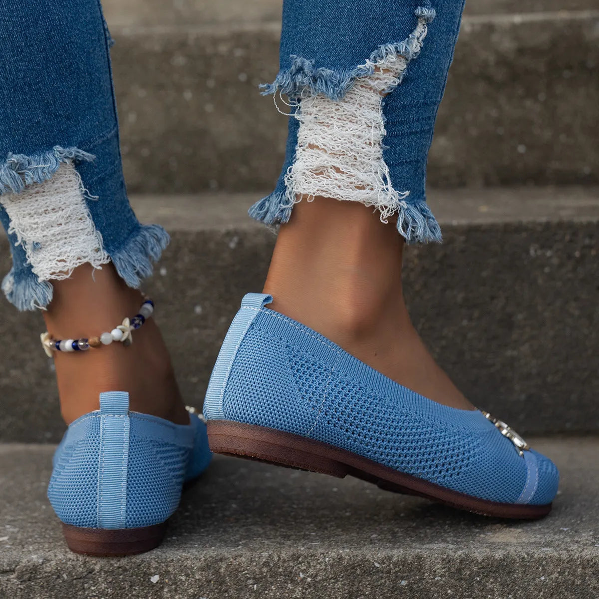 Women's round toe flat shoes with floral metal decoration, mesh upper, flat heel, available in beige, black, and blue