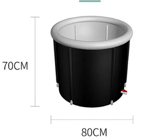 Black portable inflatable ice bath measuring 70x80cm with weather lid and accessories
