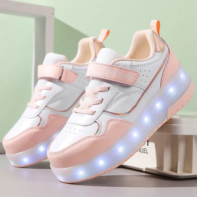 Boys and girls charging flash roller skates with LED lights in multiple colours and wheel configurations