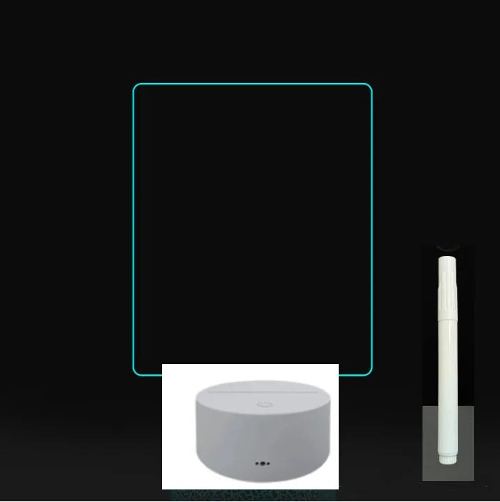 3D acrylic LED message board with touch control, black ABS base, USB cable, and stylus pen on desk