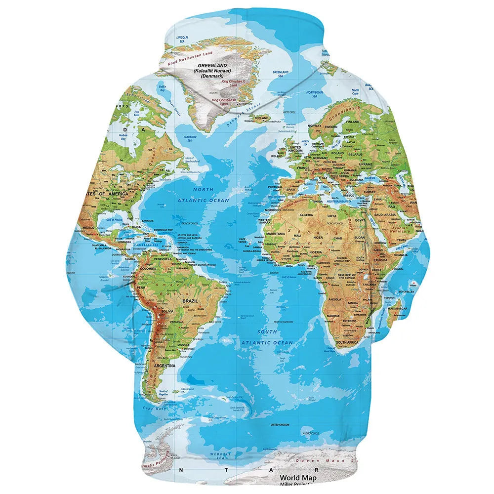 Blue digital print 3D effect patch pocket hoodie with polyester fabric, loose fit, long sleeves, and round neckline