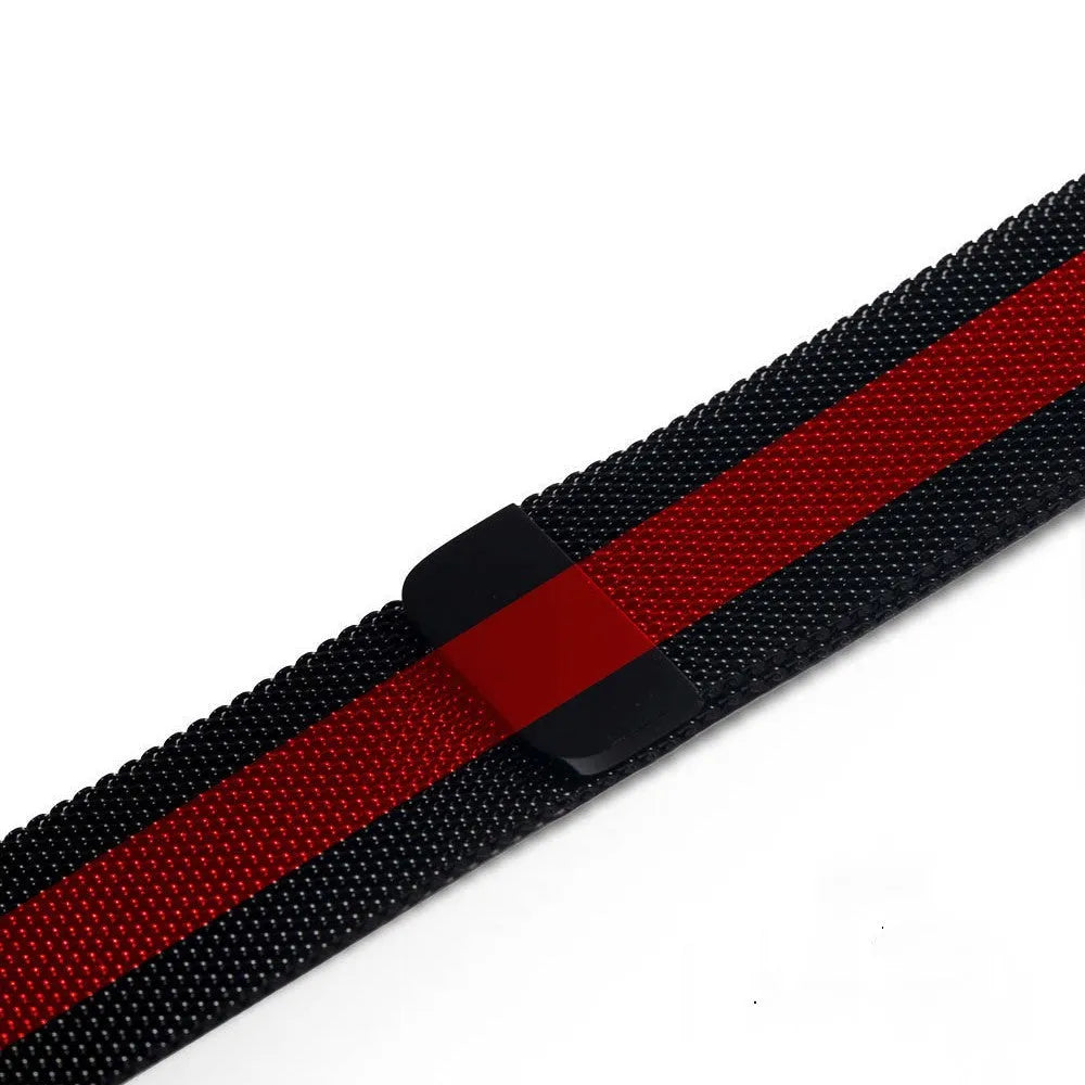 Stainless steel watch strap in silver, shown next to black, gold, and rose gold colour options.