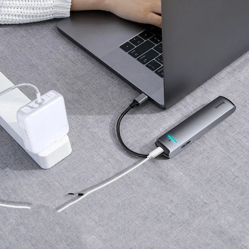 Dark grey Mechanical Eye Type-C docking station compatible with MacBook and iPhone, 5GBps transfer rate