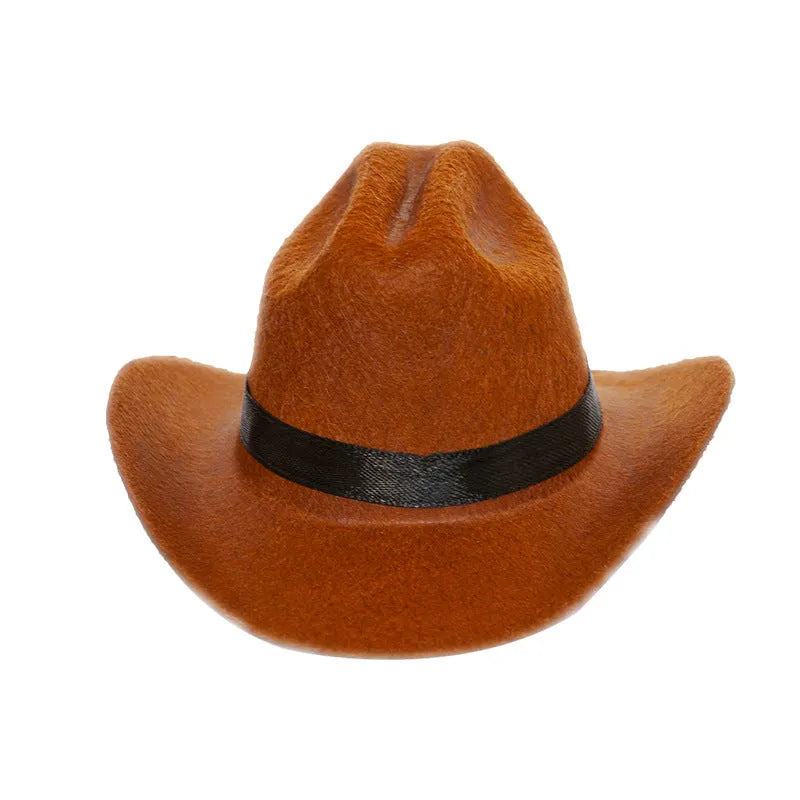 Brown British cowboy hat for a cat on a white background with a black ribbon trim.