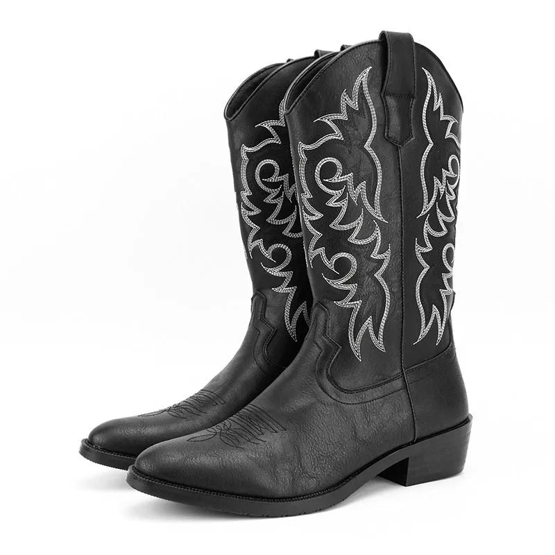 Men's embroidered retro high leg boot in artificial PU, pointed toe, brown colour, side view
