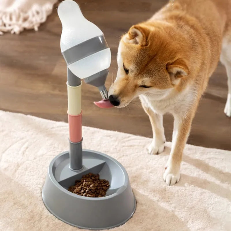 Adjustable height pet water dispenser with detachable pole and non-drip nozzle in green, grey or pink colours