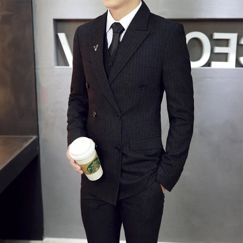 Men's three-piece suit set in slim fit with jacket, vest, and trousers in black