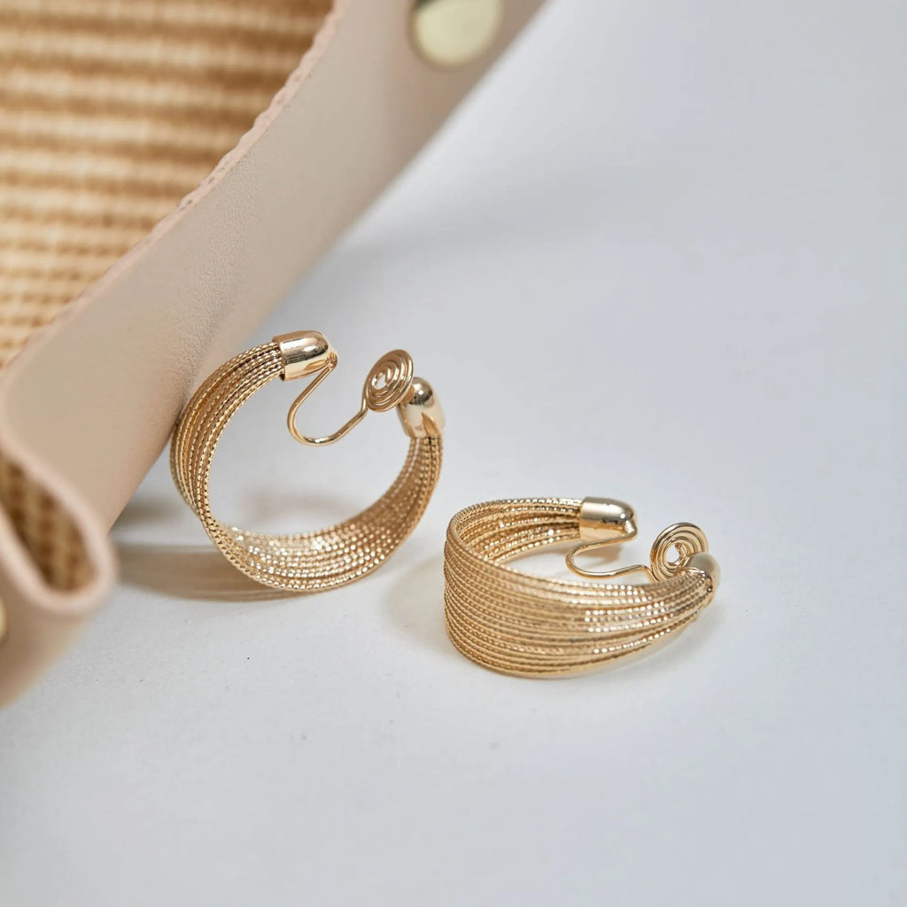 Geometric multi-layer bracelet earrings with copper construction and electroplated silver or gold finishes