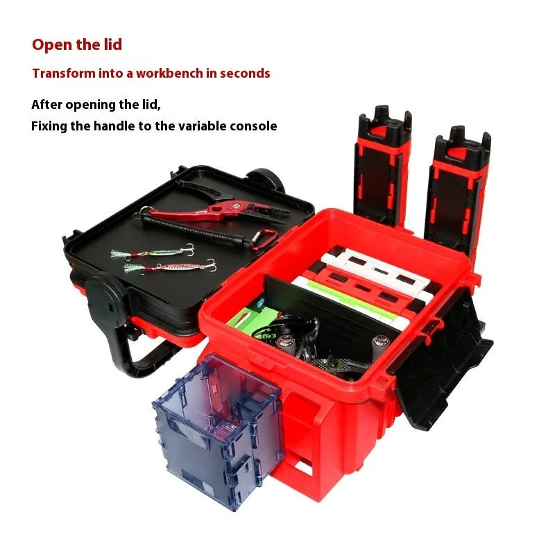Portable double-layer ABS plastic bait fishing box in blue with pole holder and cup holder