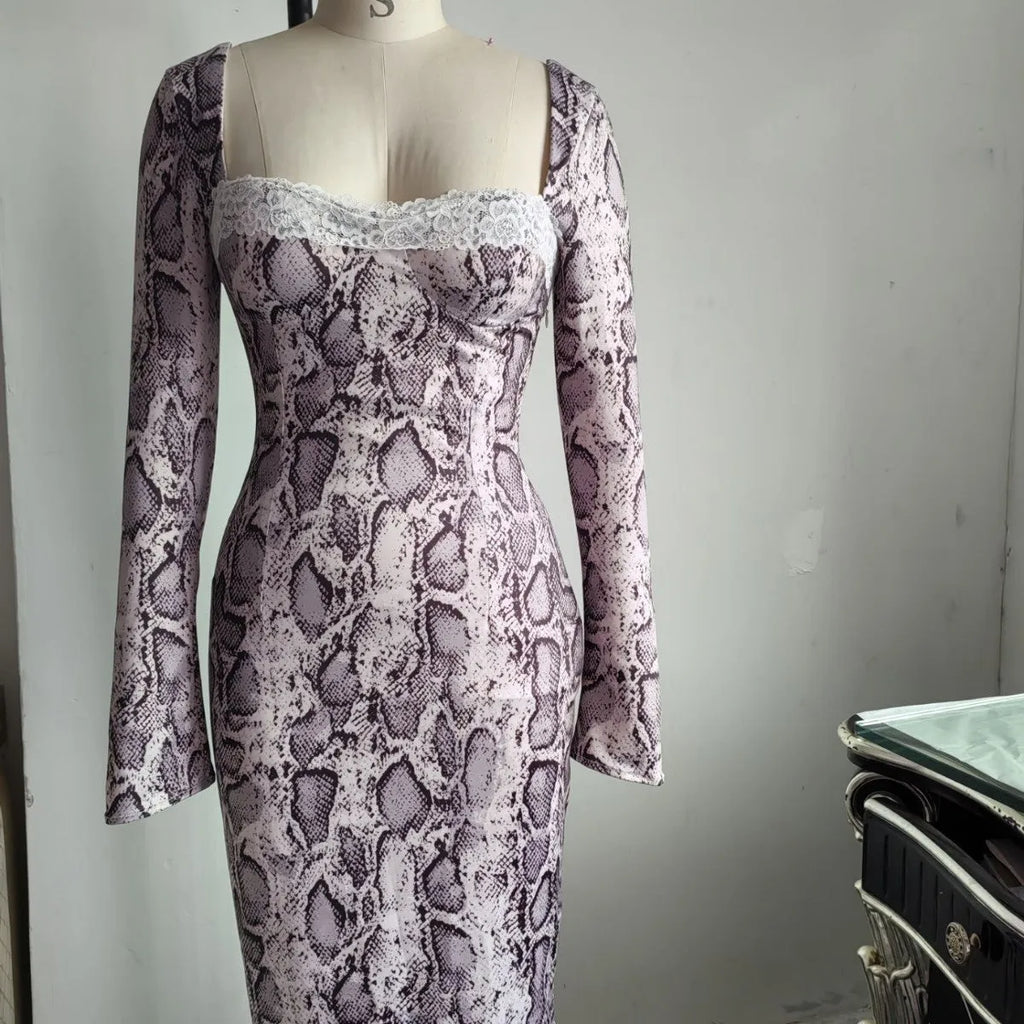 Grey slim fit lace dress with long sleeves, digital 3D print pattern, and an A-line skirt.