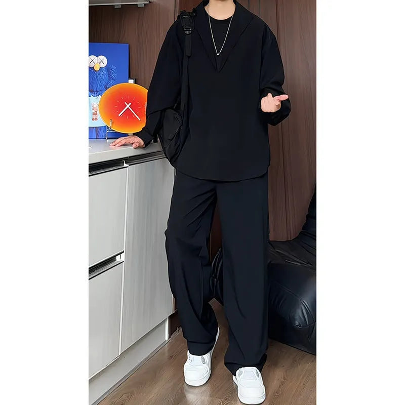 Men's black long sleeve polo shirt and trousers two-piece set in slim fit made from elastic hemp fabric.