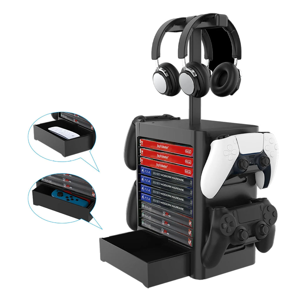 Black ABS gaming console storage rack with hanging controllers, headphone top and drawer for PS5 Xbox Switch accessories