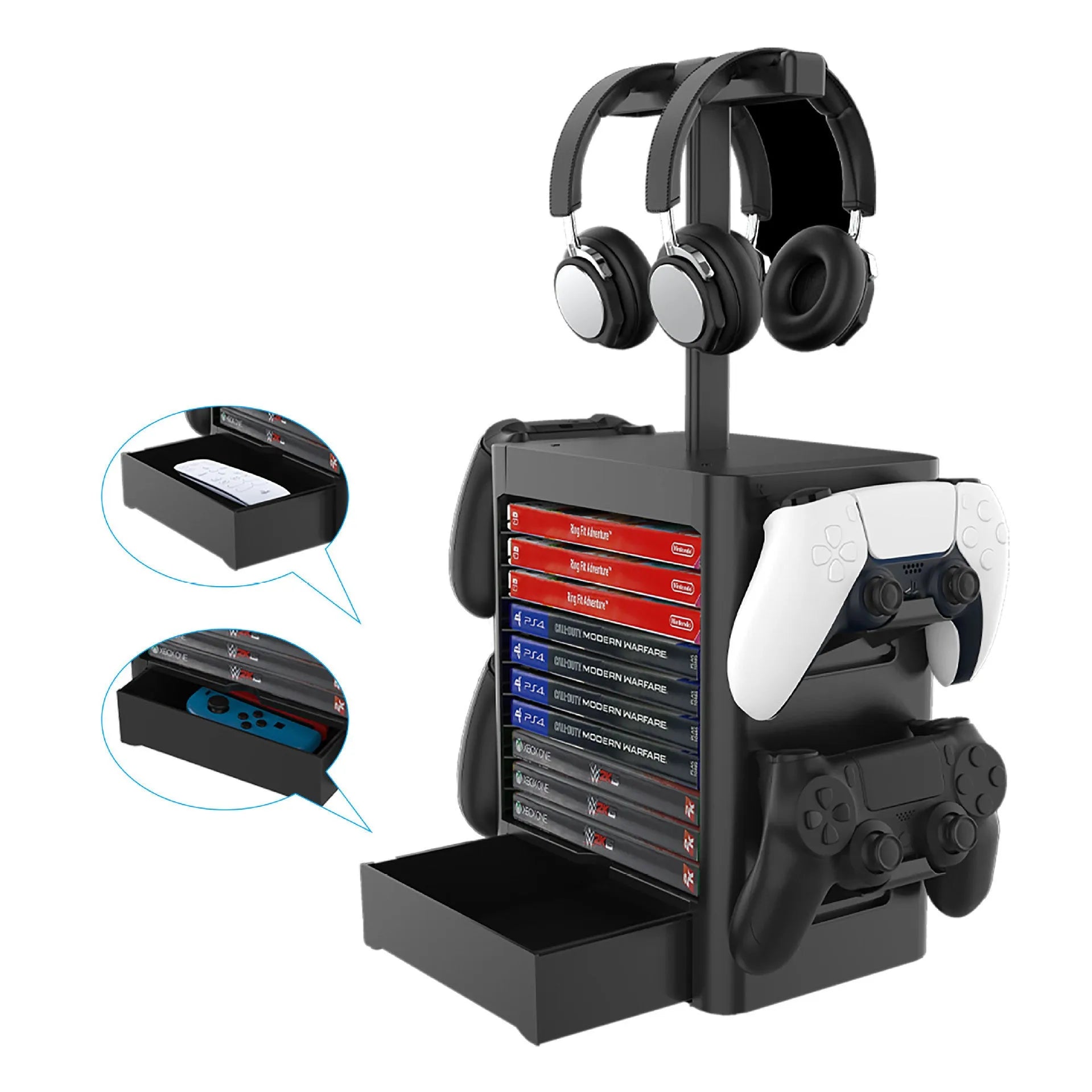 Black ABS gaming console storage rack with hanging controllers, headphone top and drawer for PS5 Xbox Switch accessories