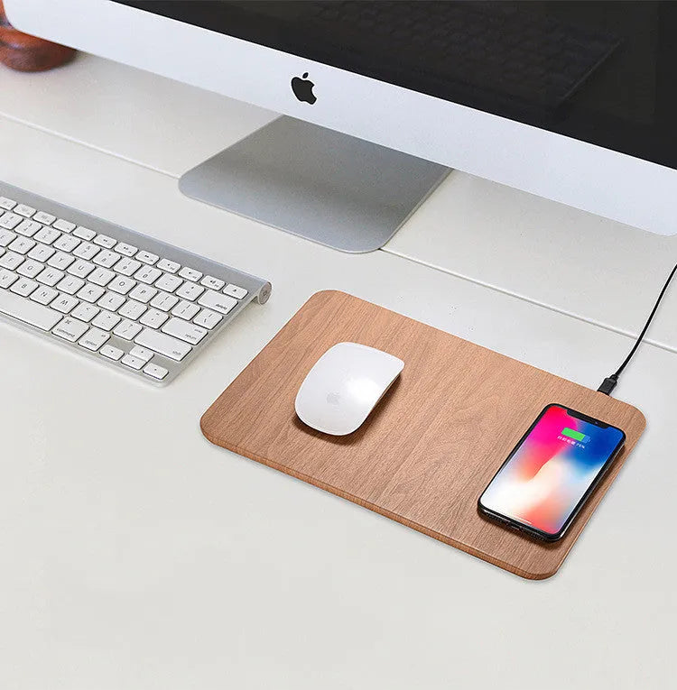 Wooden wireless charger with PU leather surface in brown finish on a desk