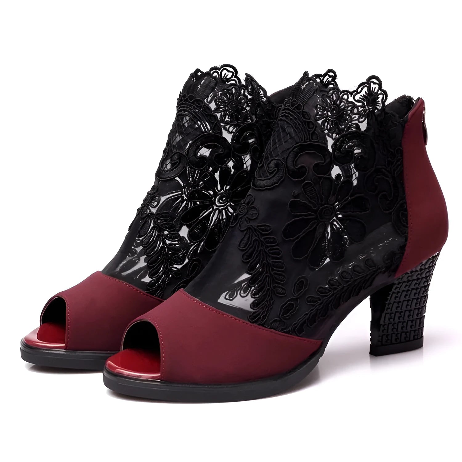 Women's black lace gladiator sandals with a square high heel and peep toe, showing zip closure