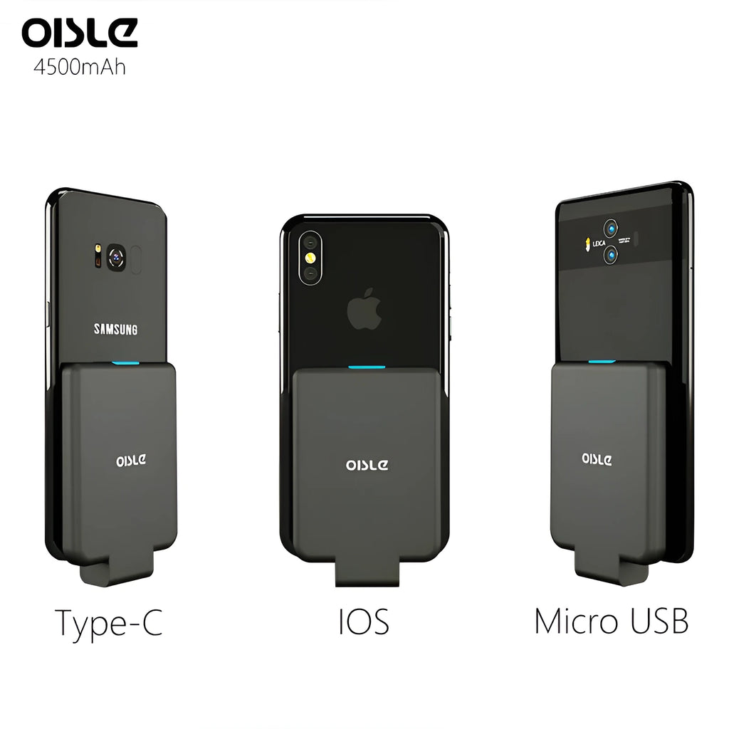 Slim 4500mAh back clip battery for iPhone Android Type-C phones in black, white, blue, pink, red