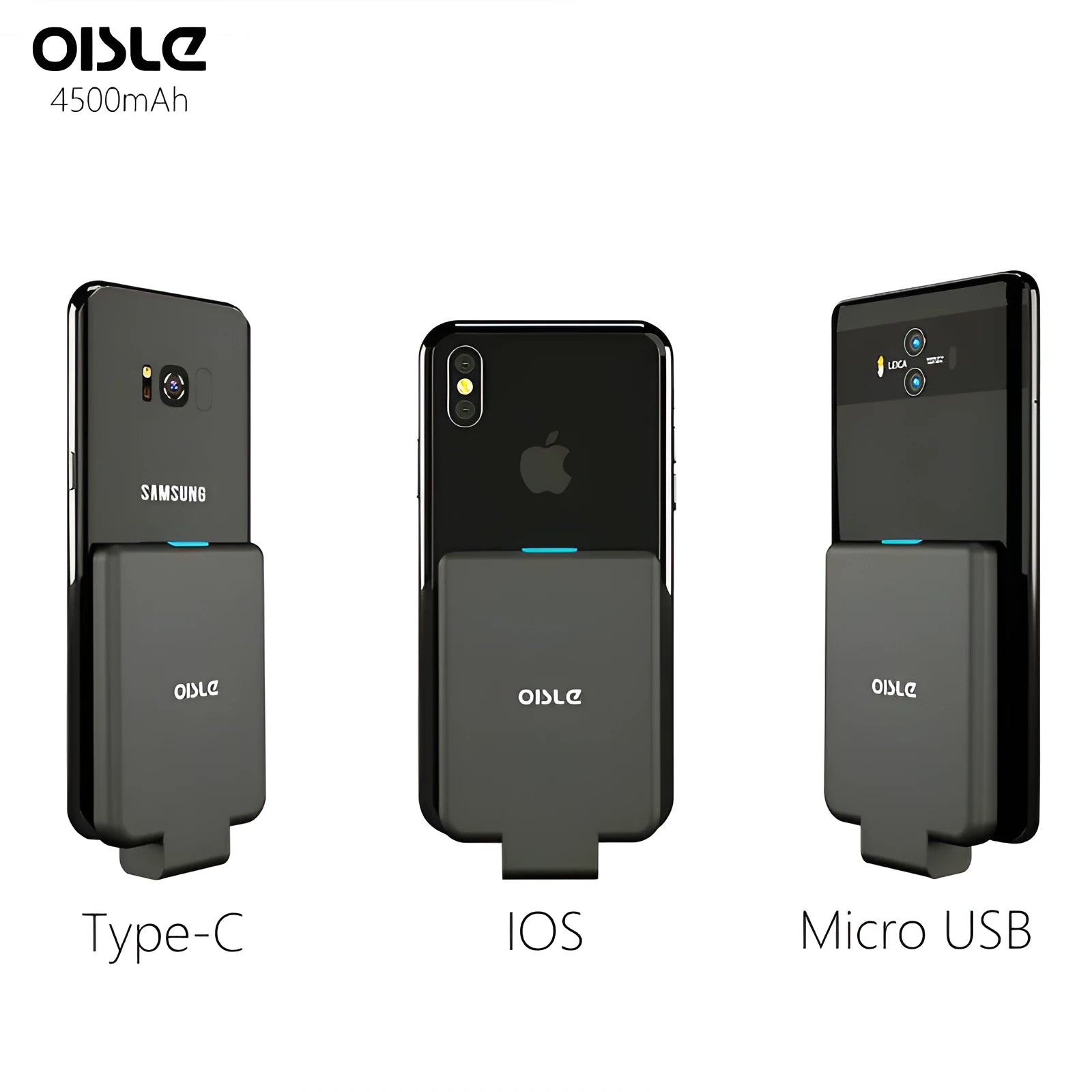 Slim 4500mAh back clip battery for iPhone Android Type-C phones in black, white, blue, pink, red