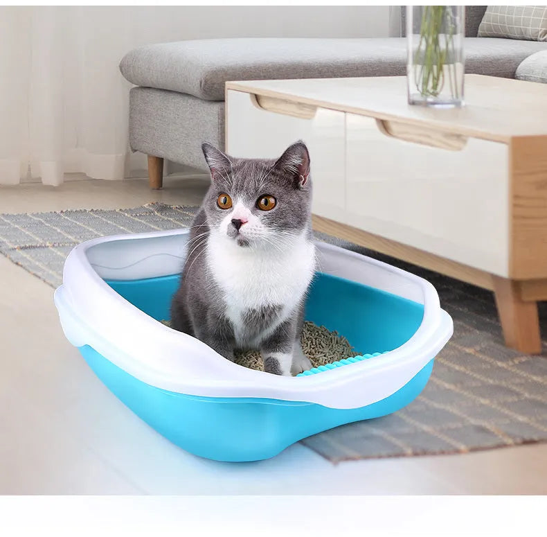 Semi enclosed thickened plastic cat litter box in blue with cat shovel, large size 46x36x17.5 cm