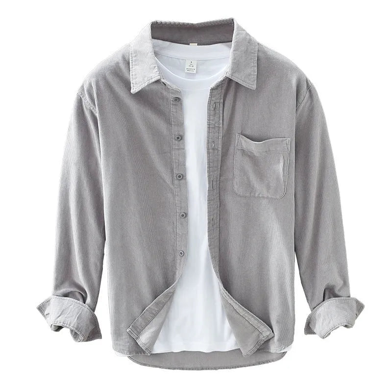 Men's Japanese retro corduroy shirt in apricot, long sleeve, solid colour, cotton fabric