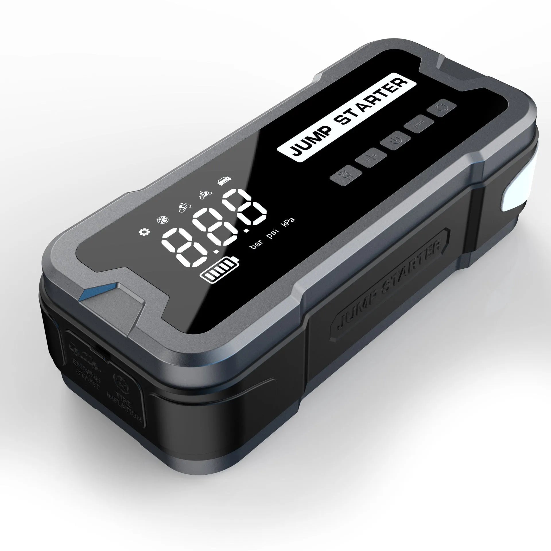 CY53 black portable car jump starter and tyre inflator unit with digital screen display