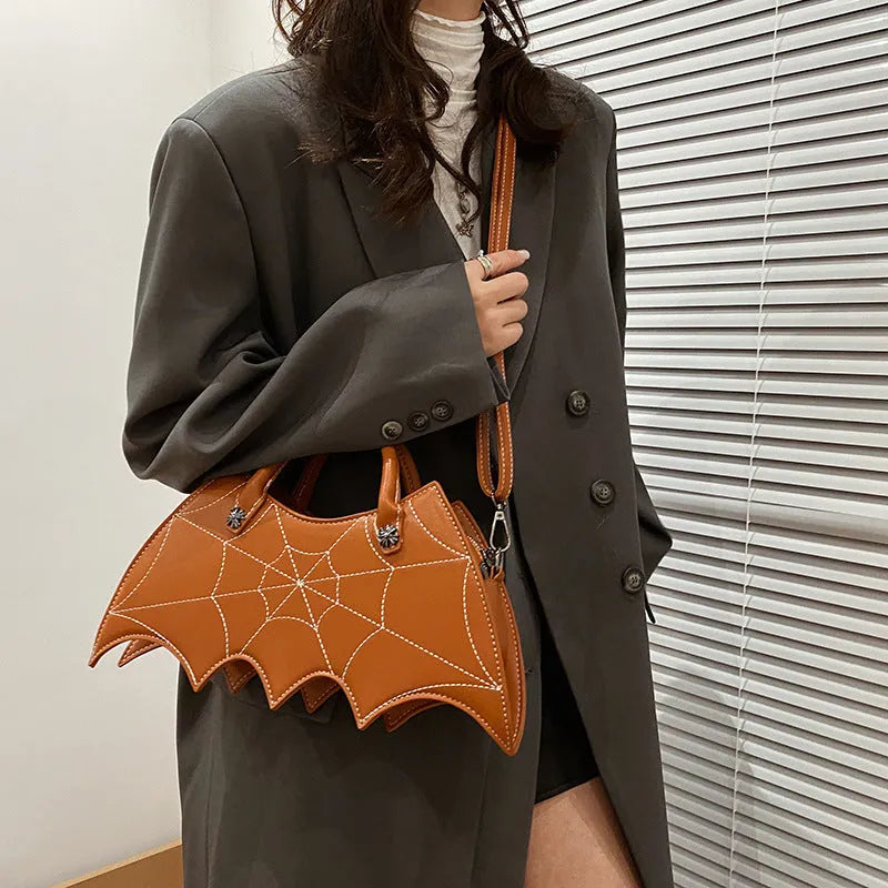 Black PU spider web shape messenger crossbody bag with embroidery and three shoulder straps