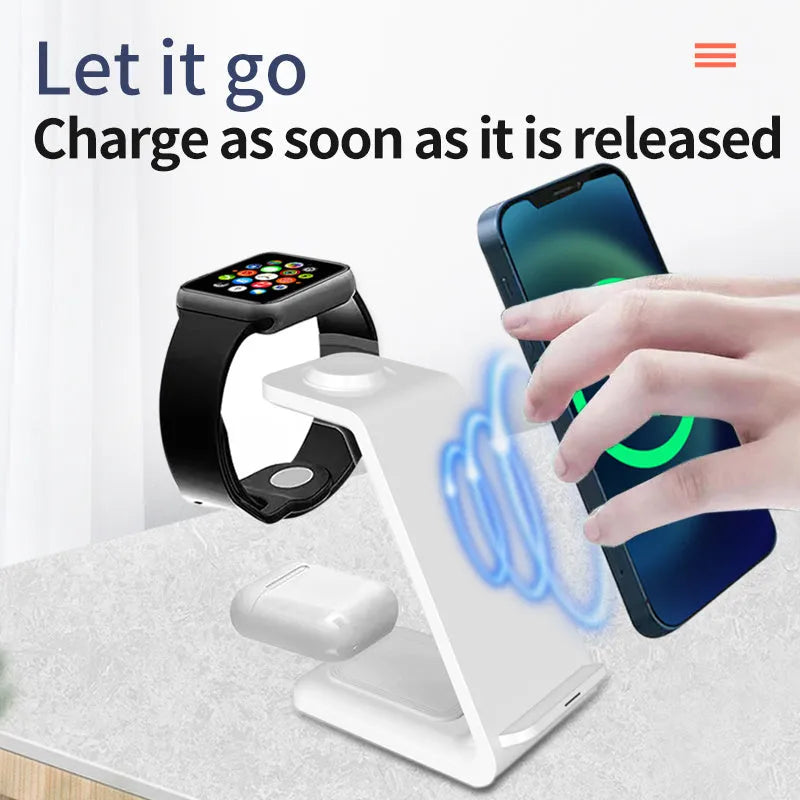 Black and white 3-in-1 upright wireless charger and phone holder on a desk with Type-C cable.