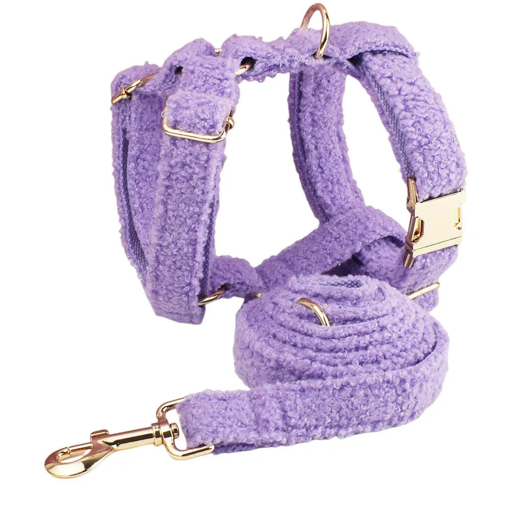 Purple cloth dog accessory set showing collar, leash, bow, and vest for small dogs