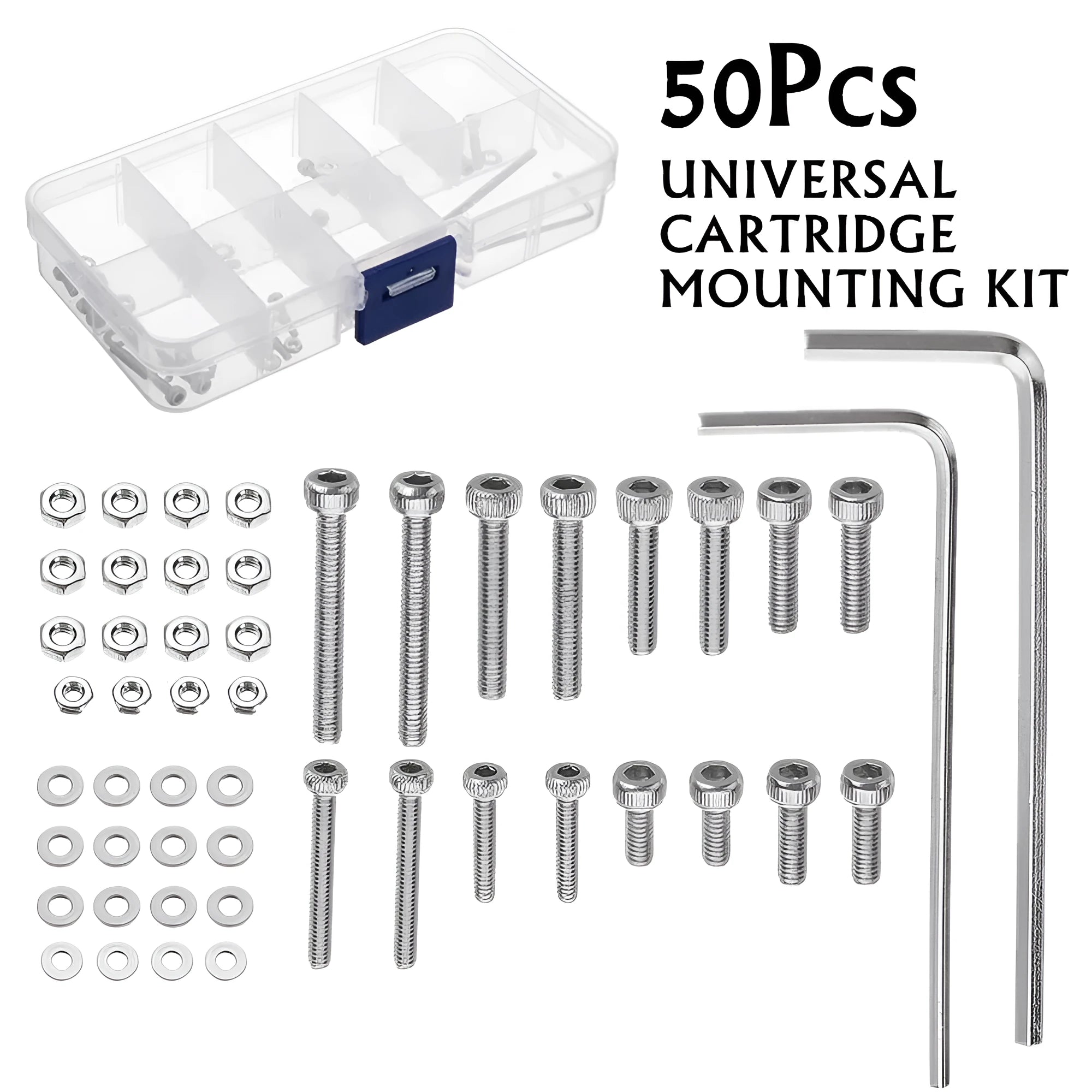 Stainless steel phono cartridge mounting kit with allen bolts, nuts, washers, and two allen keys on a grey background.