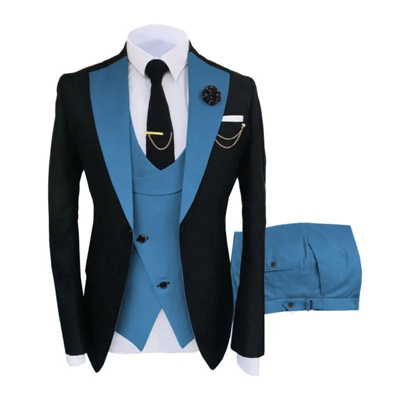 Men's black slim fit three-piece business suit with coat, vest, and trousers on a hanger.