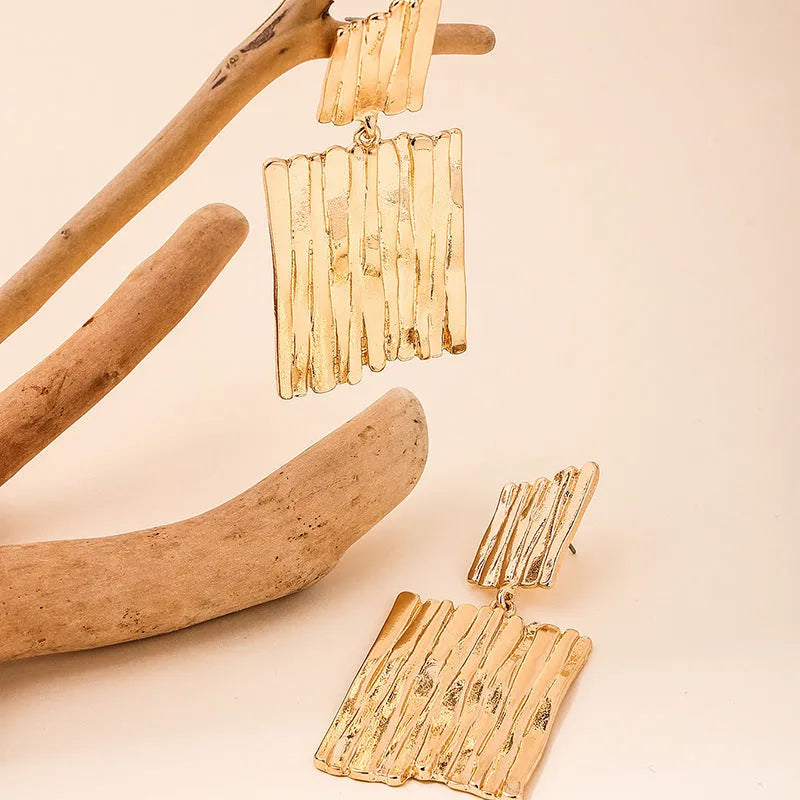 Gold geometric vertical stripe drop earrings for women made from zinc alloy