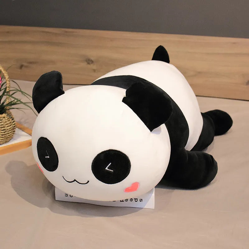 Lying Panda Pillow Large Sleeping Pillow 85cm Stretch Soft Velvet Fabric Down Cotton Fill Triangle-Eye Smile or Round-Eye Laugh Novelty Cushion for Bed Sofa Nap Rest Support