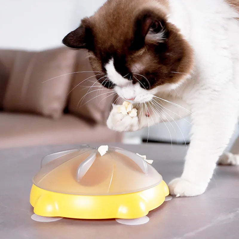Yellow interactive slow feeder pet plate with puzzle channels and central snack compartments